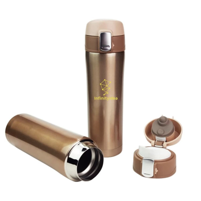 A drink bottle featuring a stainless steel body with a bronze finish and a flip-top lid, includes a logo.
