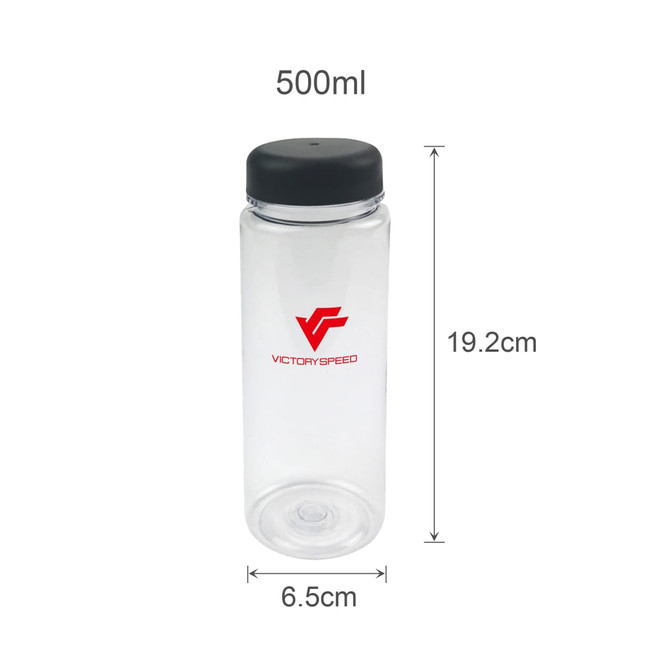 A drink bottle with a clear body, black lid, and branding, featuring a 500ml capacity and a height of 19.2cm.