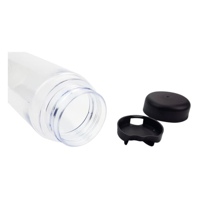 A drink bottle in transparent plastic with a black cap, featuring a removable lid and infuser compartment.
