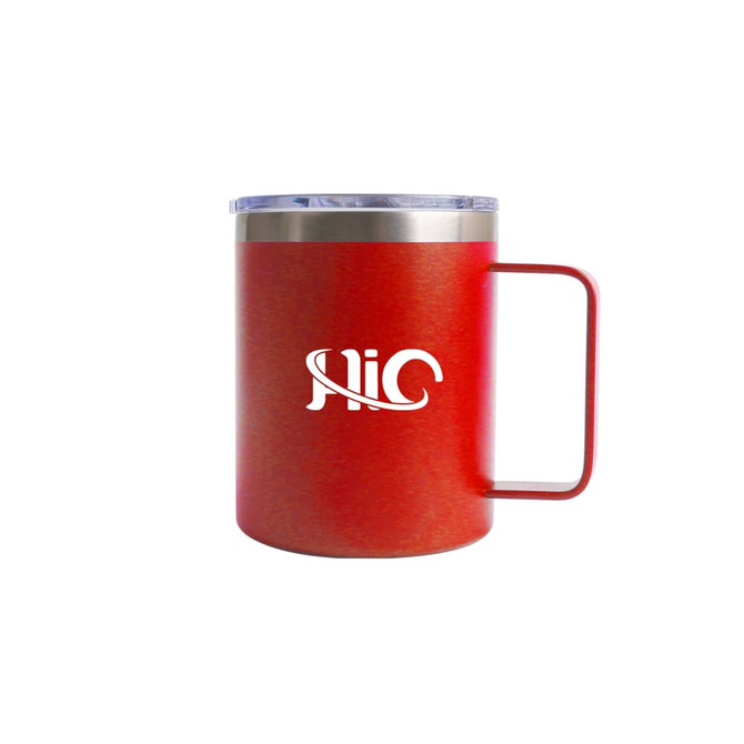 A red coloured stainless steel mug with a silver lid and a handle, featuring a logo.