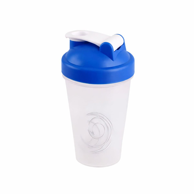 A drink bottle with a transparent body and a blue lid, featuring a logo on the side.