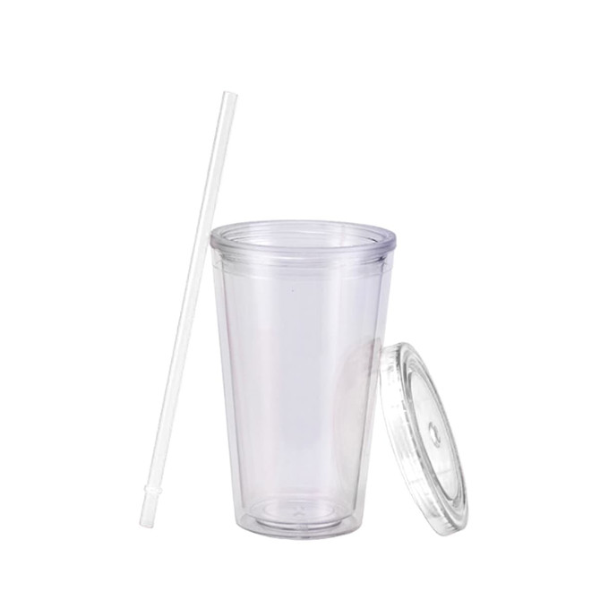 A set of clear 16oz plastic cups with lids and straws, featuring a smooth design and a simple logo.