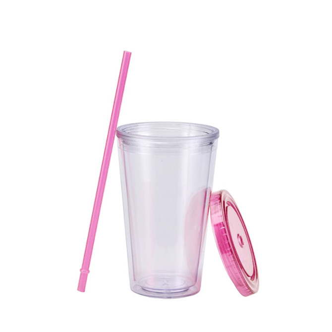 A clear 16oz plastic cup with a pink lid and straw, featuring a simple design and a logo.