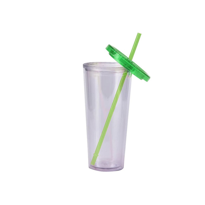 A clear plastic cup with a green lid and straw, designed for drinkware use. It features a logo.
