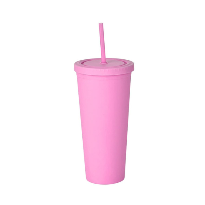 A pink 24oz matte plastic cup with a lid and straw, ideal for drinks. It features a logo on the side.