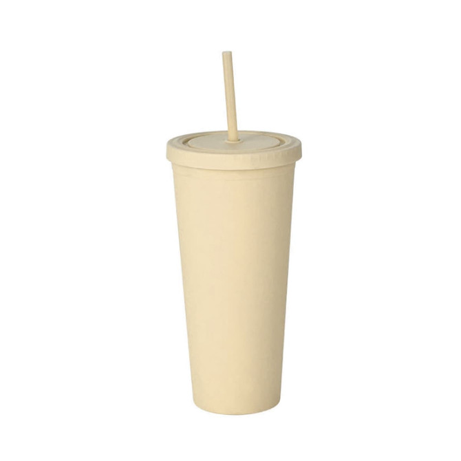 A drink bottle featuring a matte finish, pale yellow colour, with a lid and a straw. It has a logo.