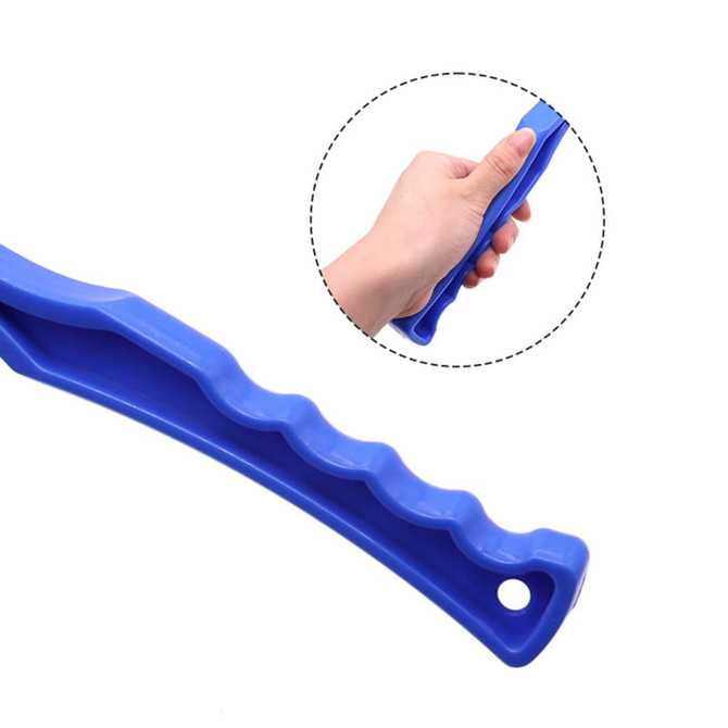 A blue ball thrower featuring a textured grip for easy handling and a hole for hanging.