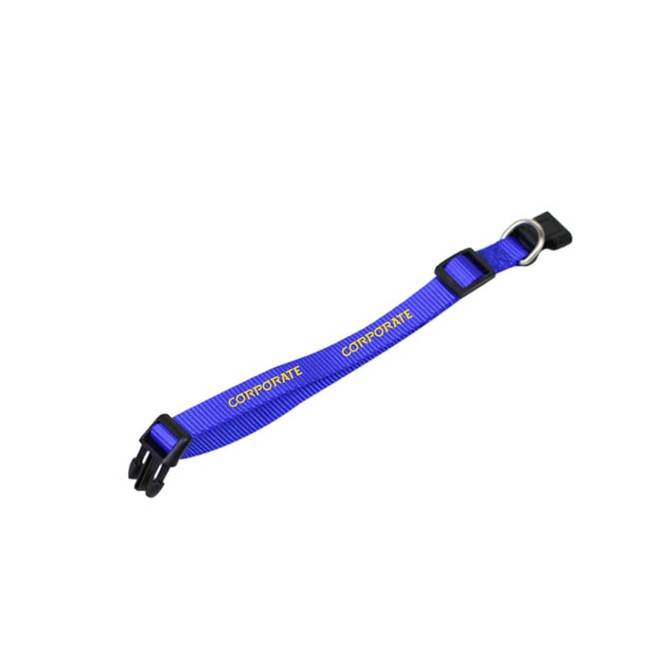 A blue dog collar with adjustable components and a metal ring, featuring a logo.