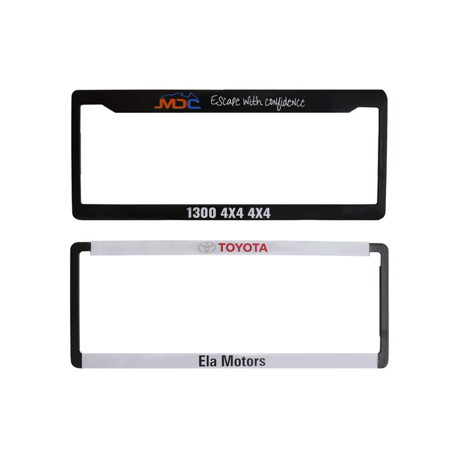 Two plastic licence plate frames in black and white, featuring logos and branding.