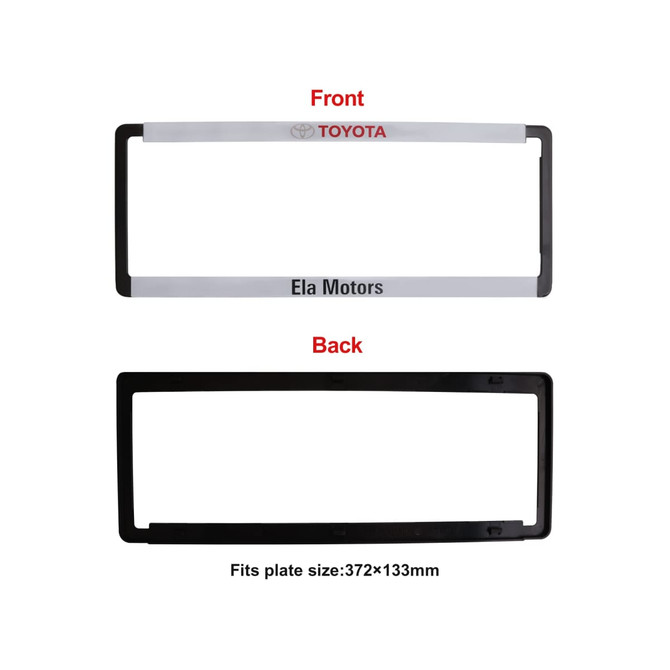 A plastic licence plate frame in white and black, featuring a logo and text on the front and a plain back.