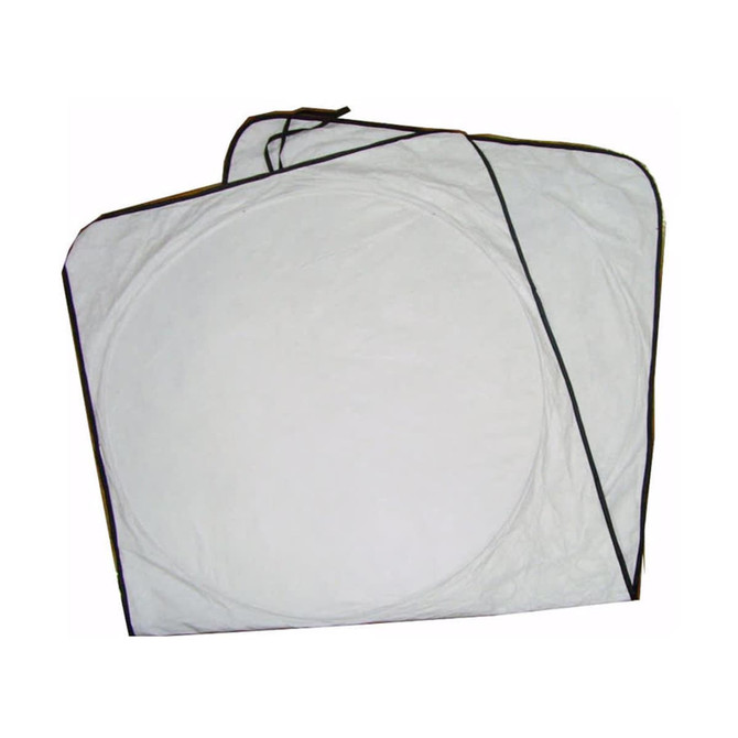 A foldable car shade in white with black trimming, featuring circular cutouts for easy storage.
