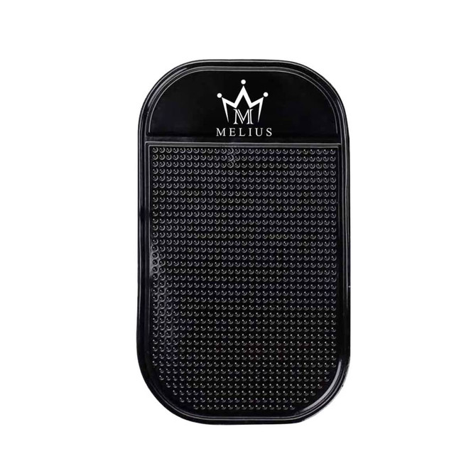 A black dashboard mat with a textured surface and a logo at the top.