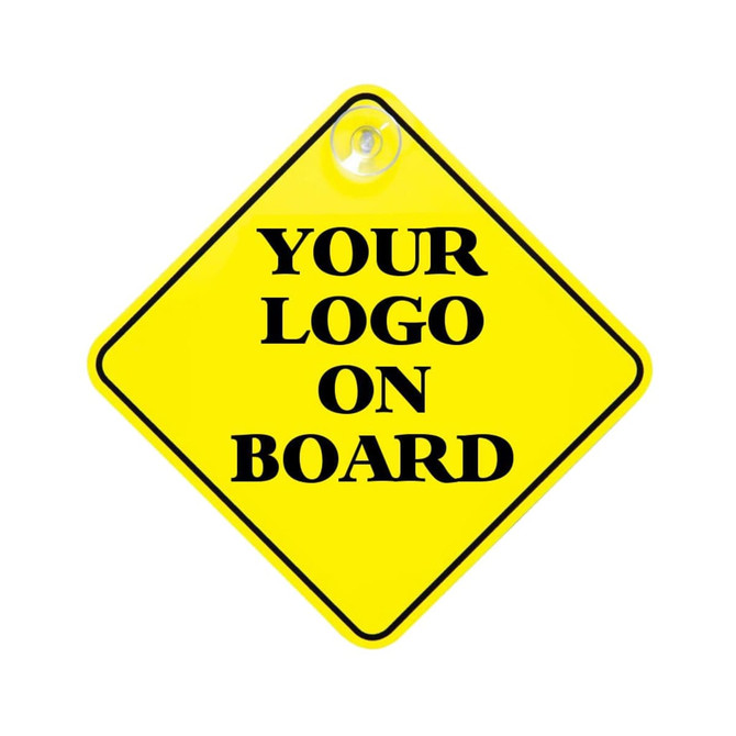 A yellow diamond-shaped warning sign with a suction cup, featuring a placeholder for a logo.