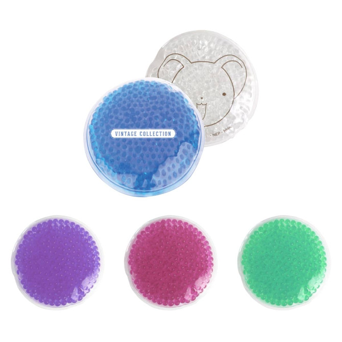 A set of four gel cold/hot packs in purple, pink, green, and blue, featuring a bear design on one pack.