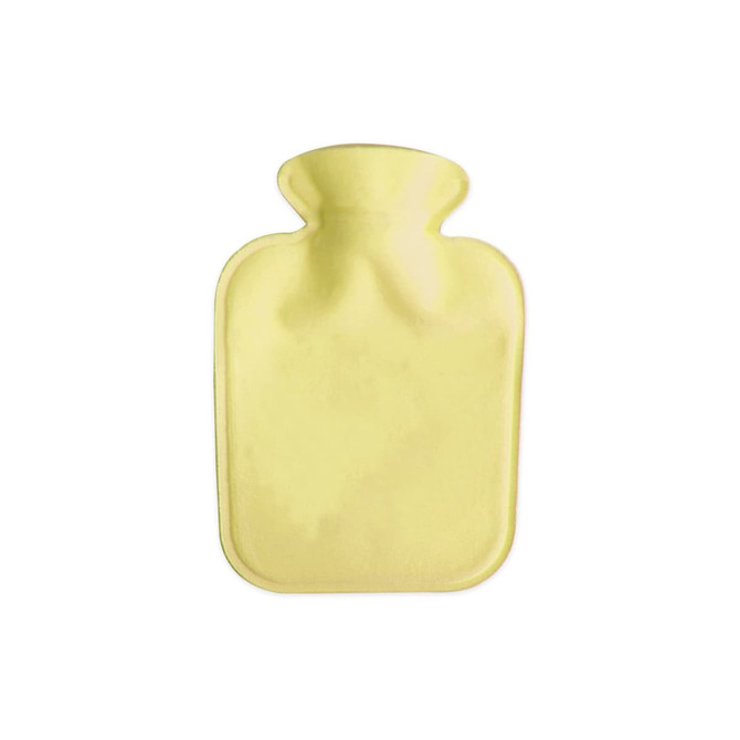 A hot water bottle with a soft yellow plush cover, featuring a simple design and rounded top.