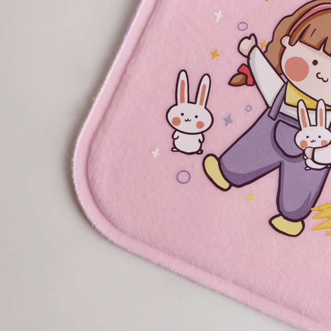 A pink plush cover featuring a cartoon character with bunnies, part of a hot water bottle design.