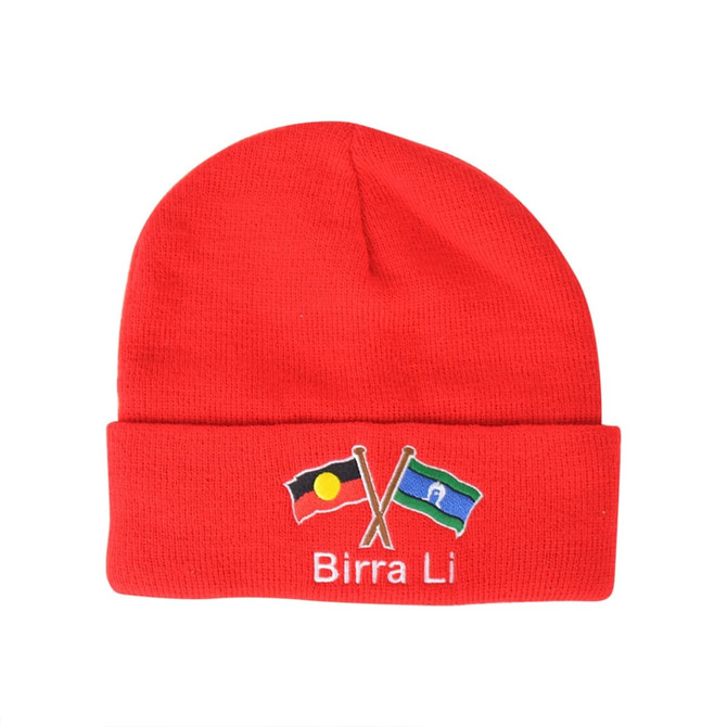 A red knitted beanie featuring an embroidered logo with two flags and the text "Birra Li".