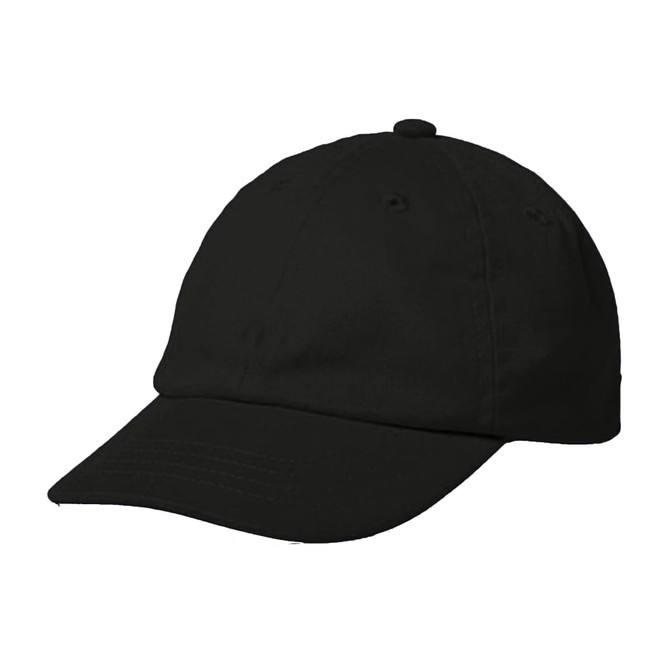 A black sport cap with a curved brim and ventilation holes, featuring a logo on the front.