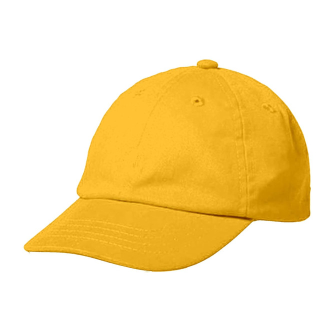 A yellow cap with a curved brim and a fitted design, featuring a logo on the front.