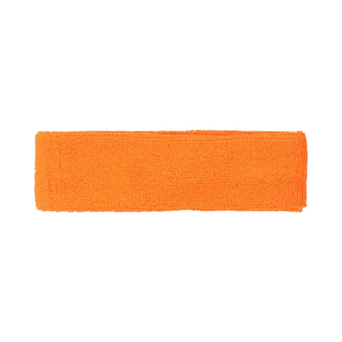 An orange headband made of textured fabric, featuring a branding logo.
