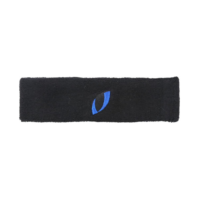 A black headband made of soft material, featuring a small blue logo.