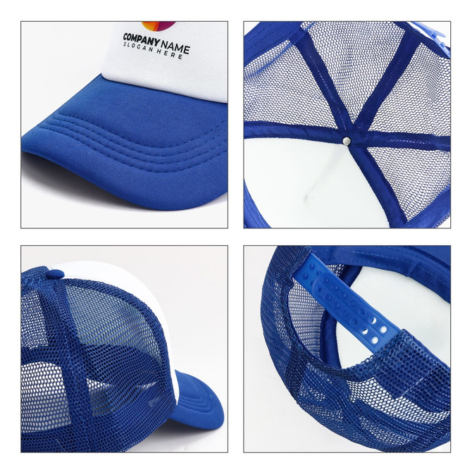 A blue trucker cap featuring a white front panel, mesh back, and an adjustable strap. It includes a logo.