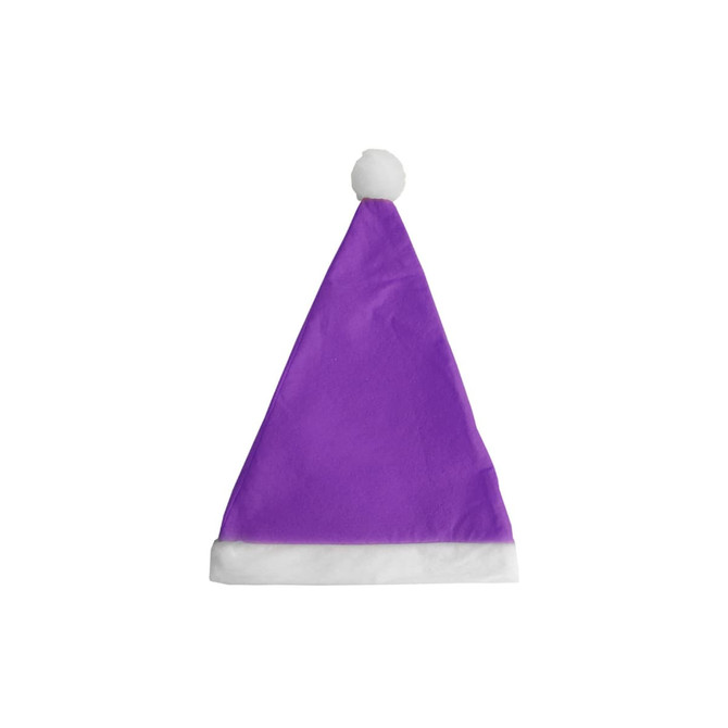 A purple Santa hat with a white brim and pom-pom at the top, featuring a branding logo.