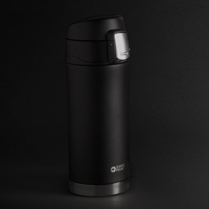A drink bottle with a sleek black finish and a silver base, featuring a logo.