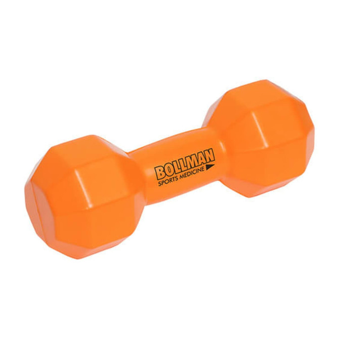 An orange dumbbell-shaped stress reliever with a logo, designed in a fun and playful style.