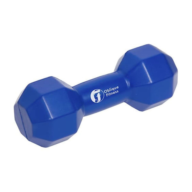 A blue dumbbell-shaped stress reliever with a logo, designed in a fun and playful style.