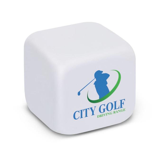 A white 50mm cube-shaped stress reliever featuring a logo. Ideal for stress relief and promotional use.
