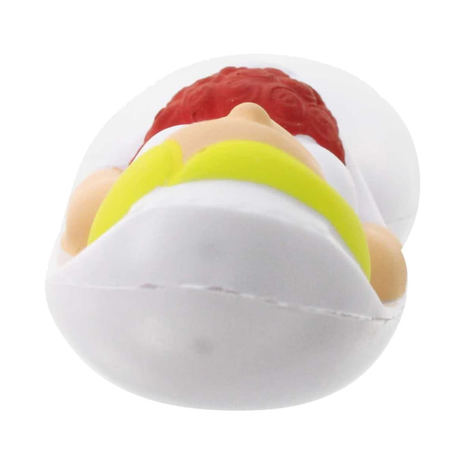 A white and multicoloured wedding-themed stress reliever shaped like a bride and groom couple.