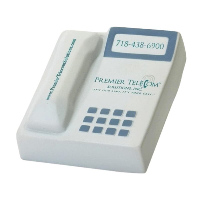 A telephone-shaped stress reliever in white and blue, featuring a textured keypad and a branding logo.
