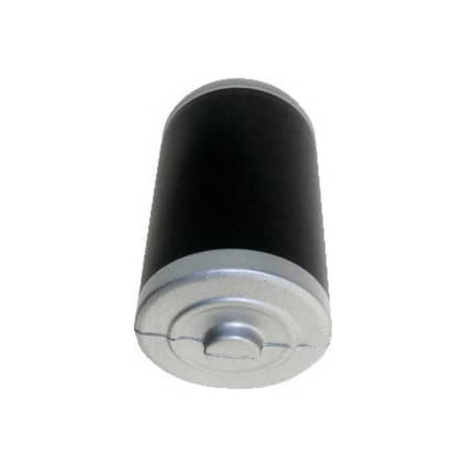 A battery-shaped stress reliever in black and silver, featuring a metallic base and a smooth surface.