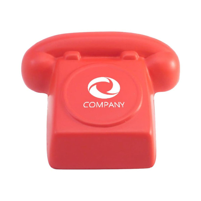 A red stress reliever shaped like a classic phone, featuring a logo on the front.