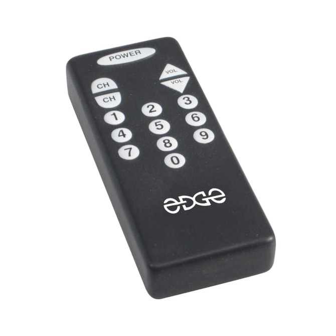 A black remote control shaped stress reliever with buttons and a logo on one side.