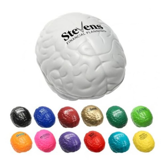 A white brain-shaped stress reliever is featured alongside various colourful brain-shaped stress relievers in multiple hues.