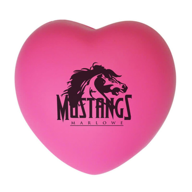 A pink heart-shaped stress reliever with a black logo featured on the front.