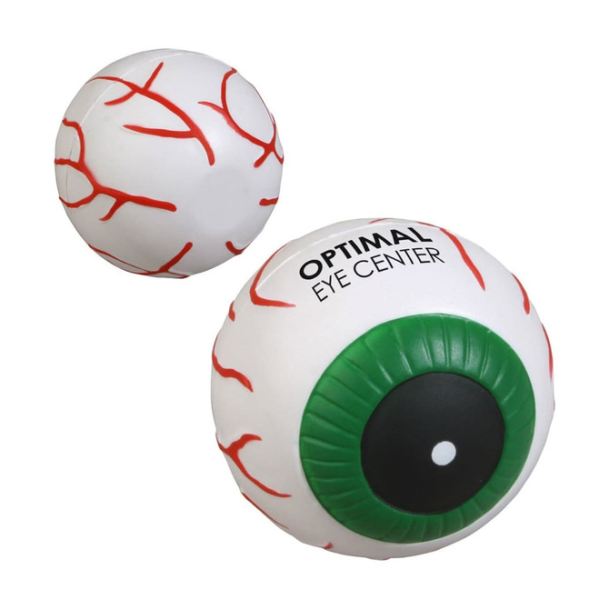 A green and white eyeball-shaped stress ball featuring red vein details, with a logo on one side.