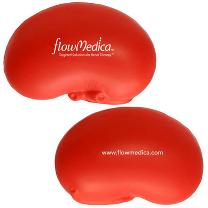 A red kidney-shaped stress reliever with a logo, designed for fun and stress relief.