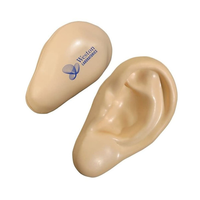 A cream-coloured ear-shaped stress reliever with a logo, designed as a fun stress keyring.
