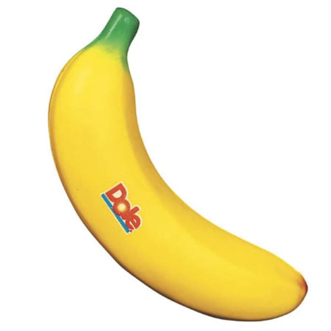A yellow banana-shaped stress reliever with a green top and a logo on the side.