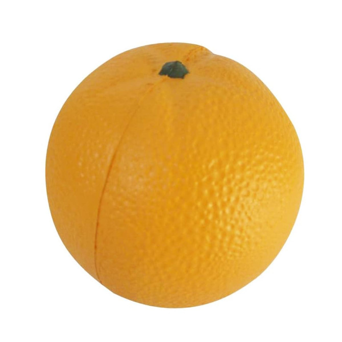 An orange-shaped stress reliever in bright orange with a textured surface and a green top.