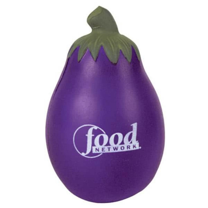 A purple eggplant-shaped stress reliever with a green top and a logo.