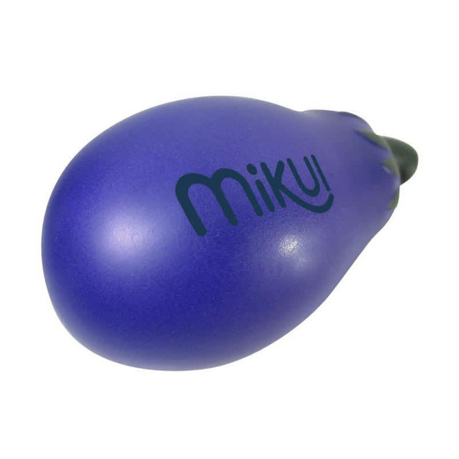 A purple eggplant-shaped stress reliever with a green stem and a logo. Ideal for fun and stress relief.