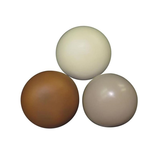 Three round stress relievers in brown, cream, and light beige colours arranged in a triangular formation.