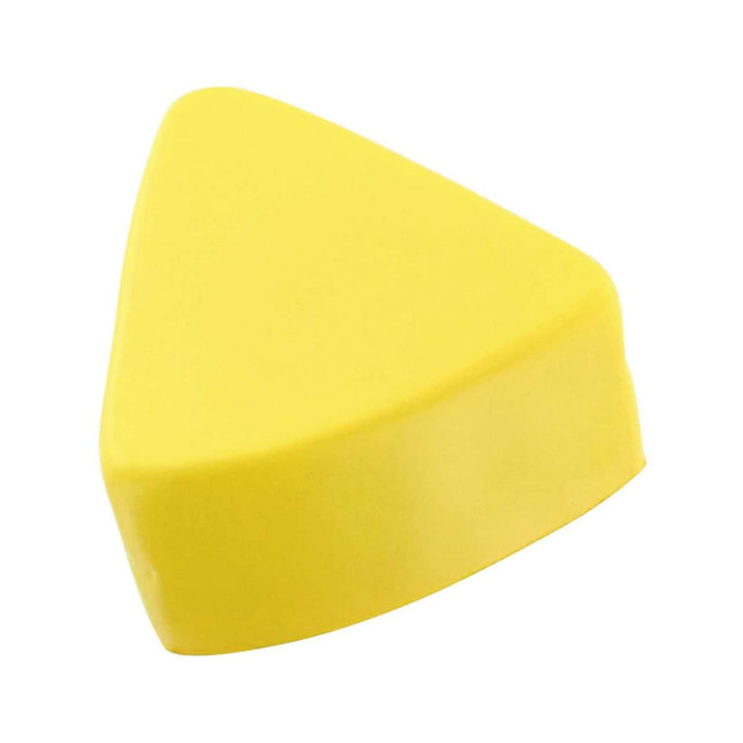 A triangular yellow stress reliever shaped like a slice of cheese, featuring a smooth surface.