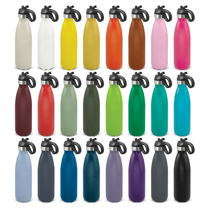 A drink bottle collection featuring various colours, including white, yellow, brown, pink, and more, with flip lids.