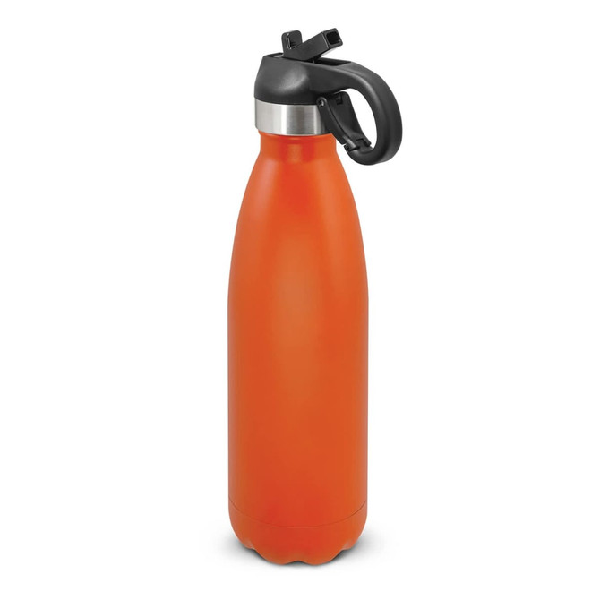 A drink bottle in vibrant orange with a black flip lid and handle, featuring a sleek design and logo.