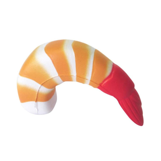 A shrimp-shaped stress reliever in orange and white, featuring a red tail. It has a smooth, squishy texture.